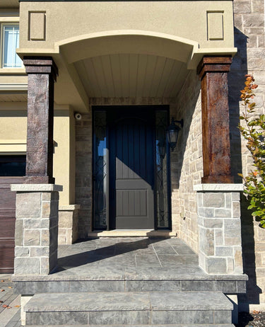 Faux barnwood column wraps made from durable polyurethane with realistic reclaimed wood texture, designed for quick installation around existing posts.