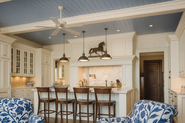 Kitchen with V-grooved MDF sheets or planks on ceiling with Ceiling Beam