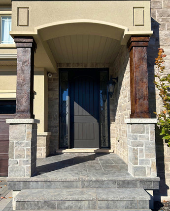 Faux barnwood column wraps made from durable polyurethane with realistic reclaimed wood texture, designed for quick installation around existing posts.