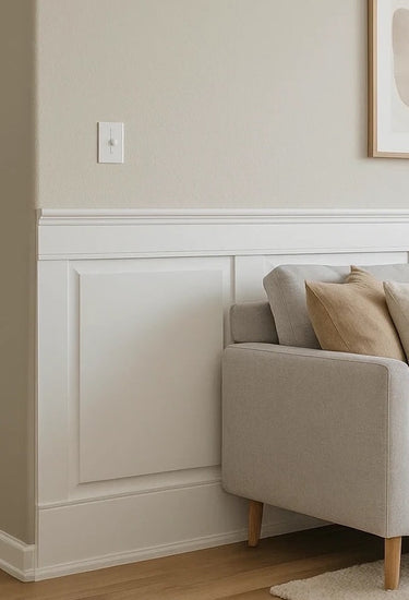 Elegant raised panel wainscoting on living room walls, crafted with customizable MDF panels and detailed upper and lower rails.