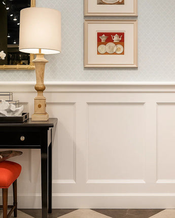 Recessed Wall Wainscoting Kit installed along an interior wall, featuring primed MDF rails and stiles with a PVC cap and shoe trim in a classic white finish.
