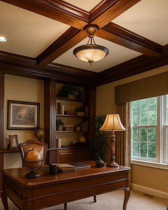 Cherry wood ceiling beams in a classic home office, adding rich warmth and elegance to the study room atmosphere with traditional design elements.
