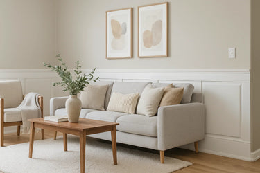 Raised panel wainscoting system along a living room wall, featuring custom-fitted MDF panels, elegant mouldings, and smooth painted finishes.