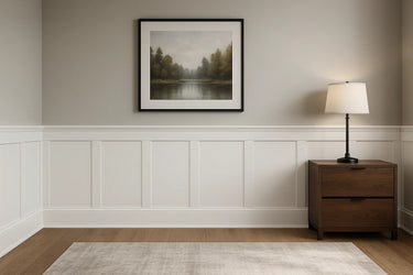 Interior wall finished with a Flat Panel Wainscoting Kit, featuring crisp MDF boards, evenly spaced stiles, and detailed top and bottom trim.