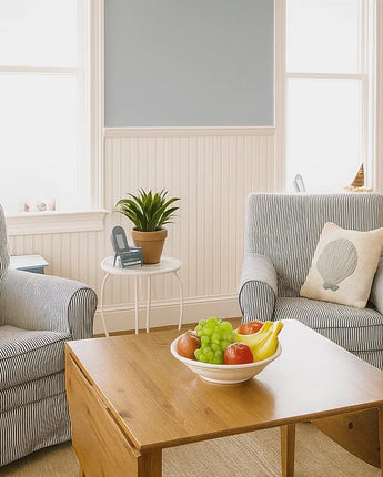 Interior view showing beadboard wall paneling kit used for wainscoting in a living room.