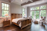 Recessed wood ceiling beams in MDF installed in a bedroom ceiling, featuring seamless recessed panels that enhance shiplap or tongue and groove designs; beams ship flat-packed for easy on-site assembly