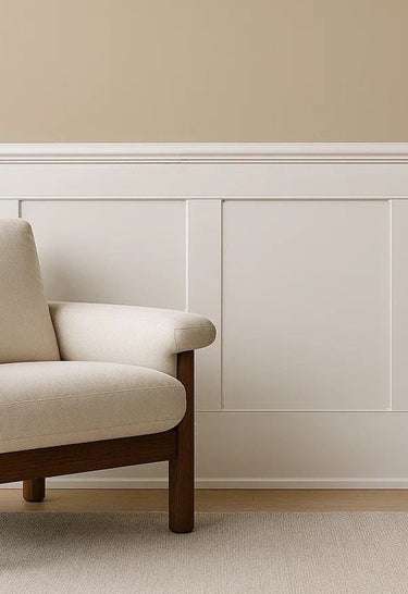Primed MDF Flat Wainscoting Kit installed on an interior wall, emphasizing clean architectural lines and matching base and cap trim.