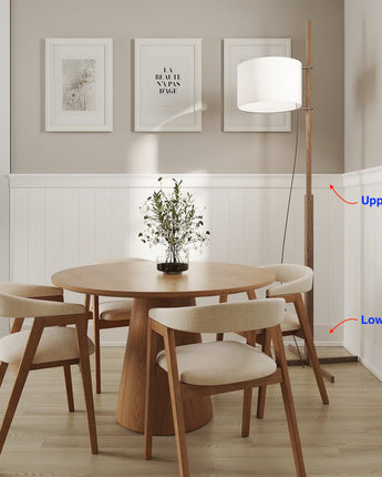 Dining room featuring flat panel wainscoting with chair rail moulding, creating a timeless, refined look with crisp architectural detail and smooth painted finish.